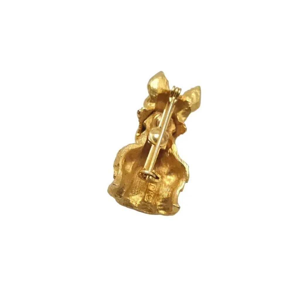 Signed JJ Pink Rhinestone Textured Dog Face Brooch Pin Gold Tone Vintage